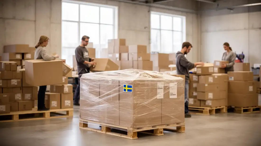 Swedish Food Export team preparing a stretch-wrapped pallet of Swedish groceries in the Borlänge warehouse