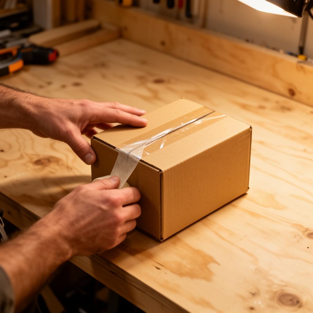 Hands sealing a small plain shipping carton on a birch workbench