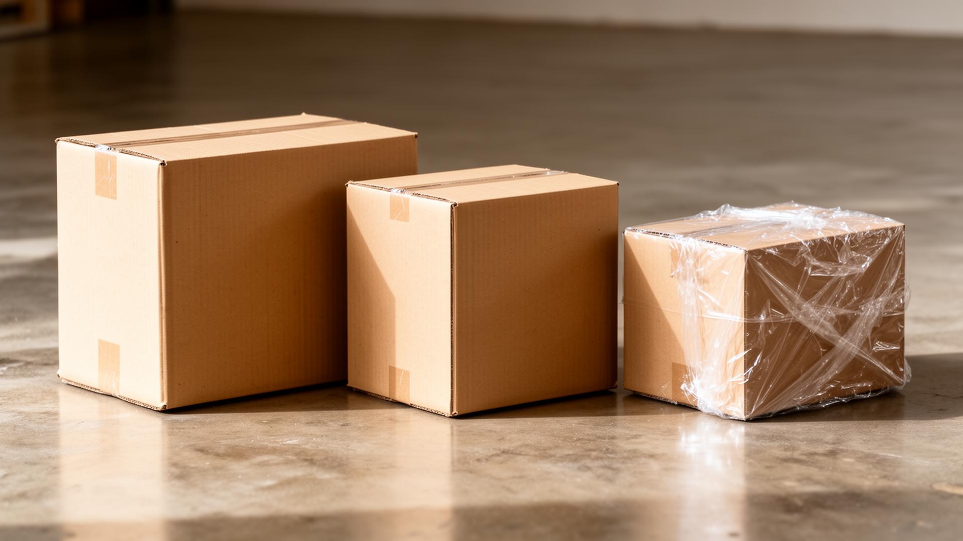 Three plain cardboard boxes of different sizes on a polished concrete floor