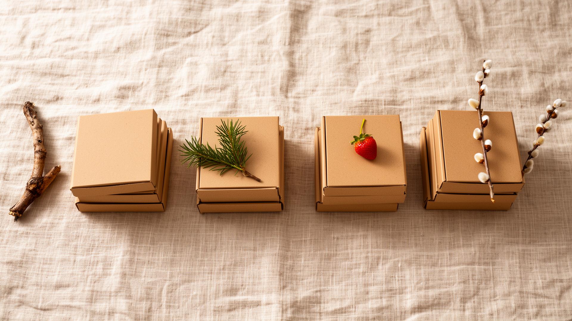 Four small stacks of plain cardboard boxes on linen, each marked with a natural seasonal element