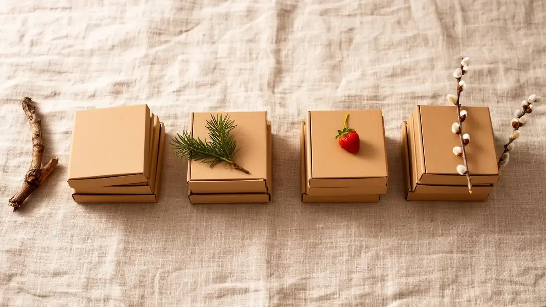 Four small stacks of plain cardboard boxes on linen, each marked with a natural seasonal element